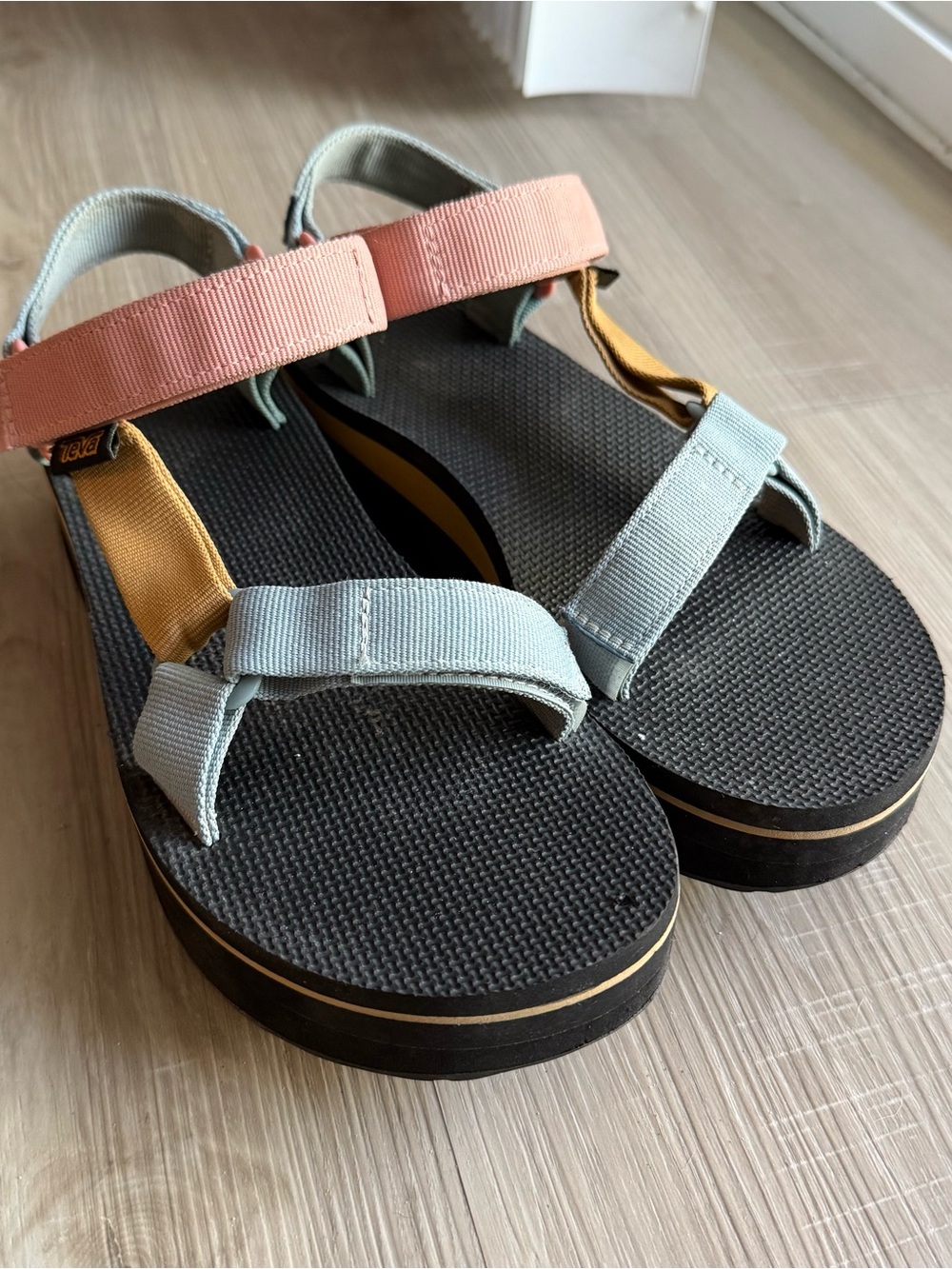 Teva Multicolor Strap Sandals in Pink, Light Blue & Mustard